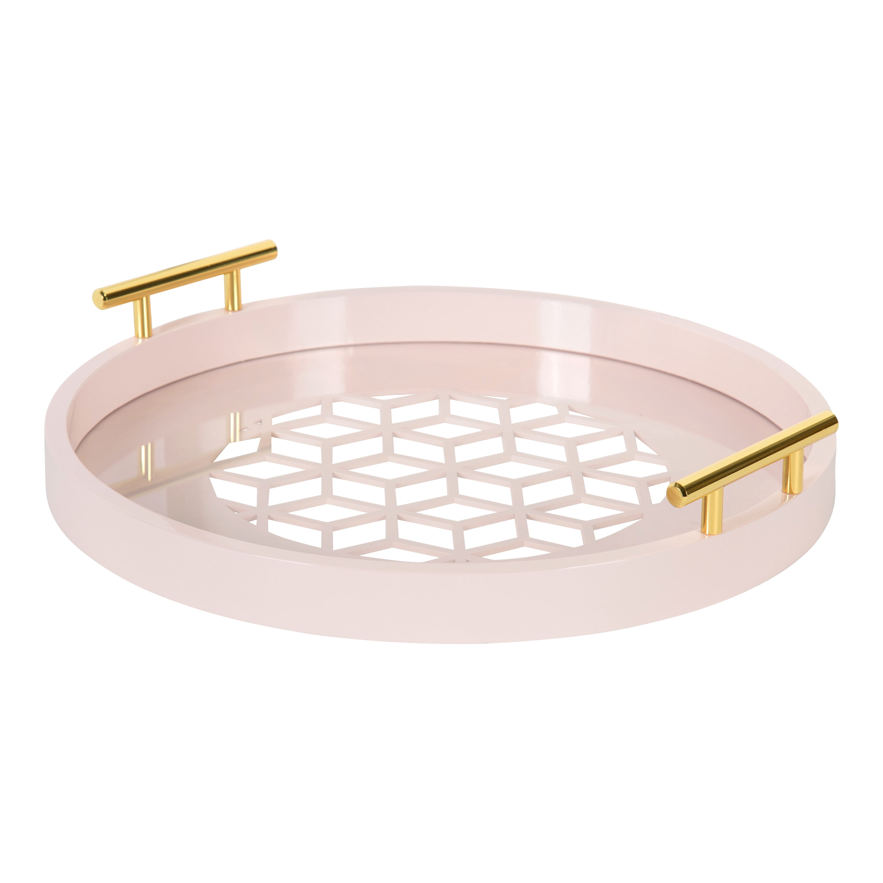 Round Pink Glass Serving Tray with Gold Handles