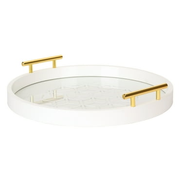 Kate and Laurel Caspen Glam Decorative Serving Tray, 15.5 Inch Diameter, White and Gold, Decorative Tray with Round Shape and Polished Gold Metal Handles for Storage and Display