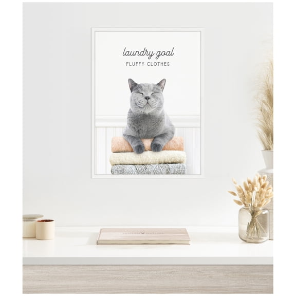 Kate and Laurel Cat Laundry Goals Framed Canvas Wall Art by Amy Peterson 18 x 24 Sylvie White, Whimsical, Animals, Humor Art for Wall Decor, Living Room, Bedroom