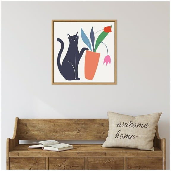 Kate and Laurel Cat Vase 6 Framed Canvas Wall Art  by Hannah Beisang 22 x 22 Sylvie Natural, Modern Contemporary, Abstract, Animals Art for Wall Decor, Living Room, Bedroom
