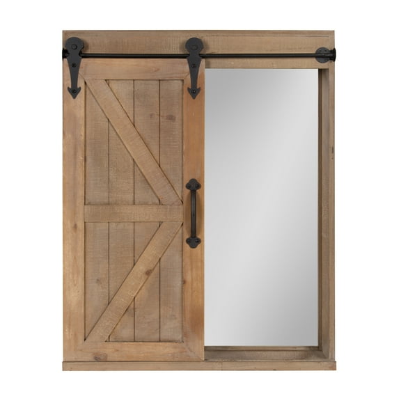 Kate and Laurel Cates Decorative Wood Wall Storage Bath Medicine Cabinet with Rectangle Mirror and Sliding Barn Door, 22 x 28, Rustic Brown, Farmhouse Decor for Wall Storage