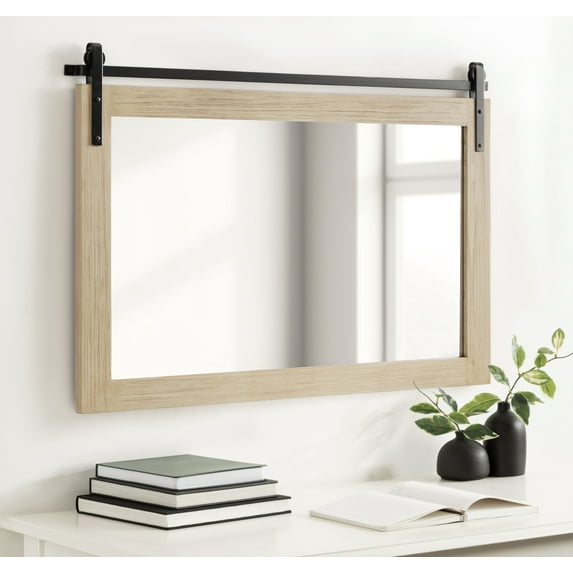 Kate and Laurel Cates Farmhouse Horizontal Wood Framed Wall Mirror, 38 x 27, Natural Wood, Barn Door-Inspired Decorative Bathroom Mirror for Wall Decor