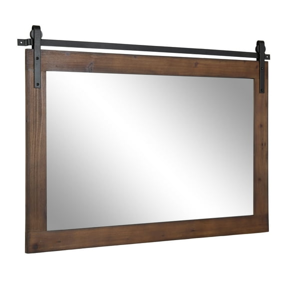 Kate and Laurel Cates Farmhouse Horizontal Wood Framed Wall Mirror, 38 x 27, Walnut Brown, Barn Door-Inspired Decorative Hanging Mirror for Wall Decor