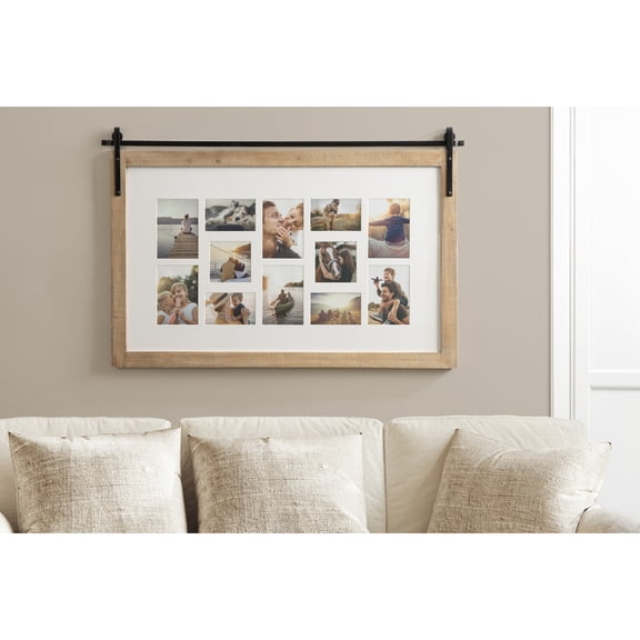 Kate and Laurel Cates Farmhouse Wide Wooden Collage Picture Frame, 40 x 26, Rustic Brown, Rectangle Photograph Frame with 12 Photo Openings and Barn Door-Inspired Design