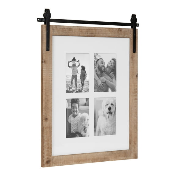 Kate and Laurel Cates Farmhouse Wooden Collage Picture Frame, 21x26 Matted to (4) 5x7, Rustic Natural Brown, Photograph Frame Fitting Four 5x7 Images with Barn Door-Inspired Design