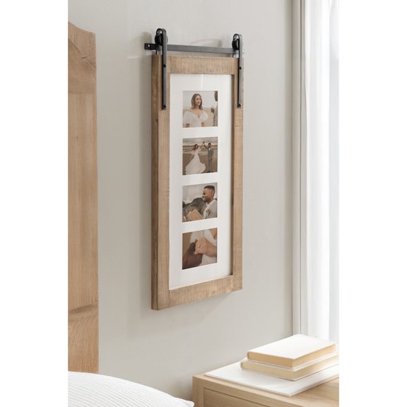 Kate and Laurel Cates Farmhouse Wooden Vertical Collage Picture Frame, 16x26 Matted to (4) 4x6, Rustic Brown, Rectangle Photograph Frame Fitting Four 4x6 Images with Barn Door-Inspired Design