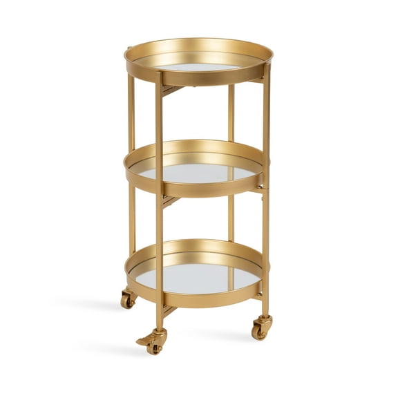 Kate and Laurel Celia Modern 3-Tier Bar Cart, 16 x 16 x 29, Gold, Decorative Round Rolling Serving Cart with Lockable Wheels and Three Tiers of Storage and Display Space