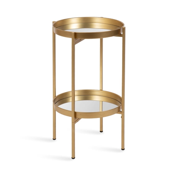 Kate and Laurel Celia Round Metal Foldable Tiered Side Table, 16 x 26, Gold, Modern Accent Table with Mirrored Magnetic Tray Tabletops and Space-Saving Folding Base