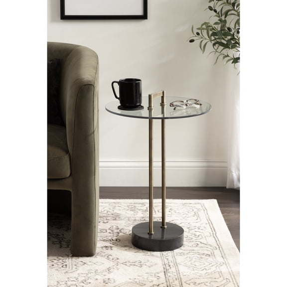 Kate and Laurel Cerullo Modern Round Glass Side Table with Marble Base, 16 x 16 x 24, Antique Brass and Black Marble, Glam Circle End Table for Use as Indoor Plant Stand or Bedroom Nightstand