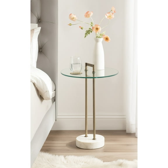 Kate and Laurel Cerullo Modern Round Glass Side Table with Marble Base, 18 x 18 x 24, Antique Brass and White Marble, Glam Circle End Table for Use as Indoor Plant Stand or Bedroom Nightstand