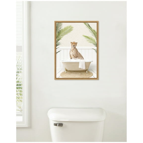 Kate and Laurel Cheetah in Palms Bath Framed Canvas Wall Art by Amy Peterson 18 x 24 Sylvie Natural, Whimsical, Animals, Tropical, Bathroom Art for Wall Decor, Living Room, Bedroom
