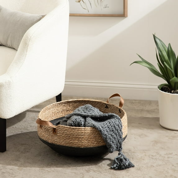 Kate and Laurel Chopra Transitional Woven Seagrass Storage Basket with Handles, 20 x 10, Natural Seagrass and Black, Braided Round Basket for Use as Living Room Blanket Basket or Small Laundry Basket
