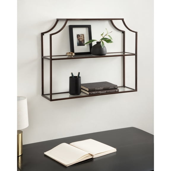 Kate and Laurel Ciel Modern Glam Wide Two-Tier Wall Shelf, 24 x 20, Bronze, Tiered Bathroom Shelves for Over the Toilet Storage or Bedroom Makeup Organizer