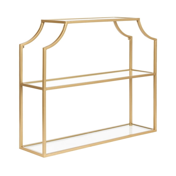 Kate and Laurel Ciel Modern Glam Wide Two-Tier Wall Shelf, 24 x 20, Gold, Tiered Bathroom Shelves for Over the Toilet Storage or Bedroom Makeup Organizer