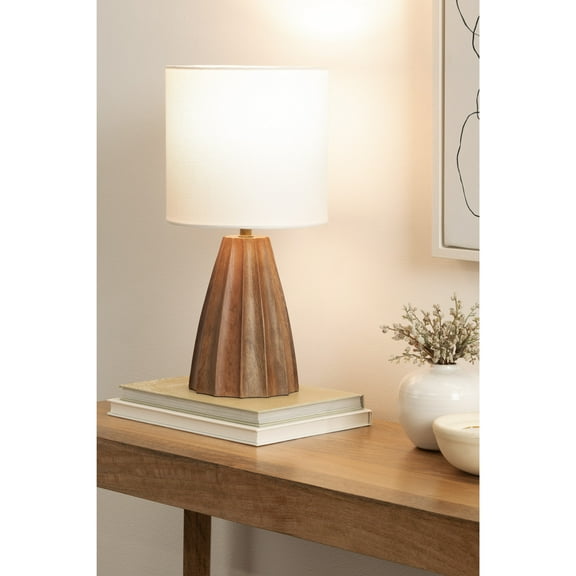 Kate and Laurel Ciji Modern Mango Wood Bedside Table Lamp, 8 x 8 x 17, Walnut Brown, Scalloped Decorative Tabletop Desk Lamp with Linen Shade for Living Room Decor