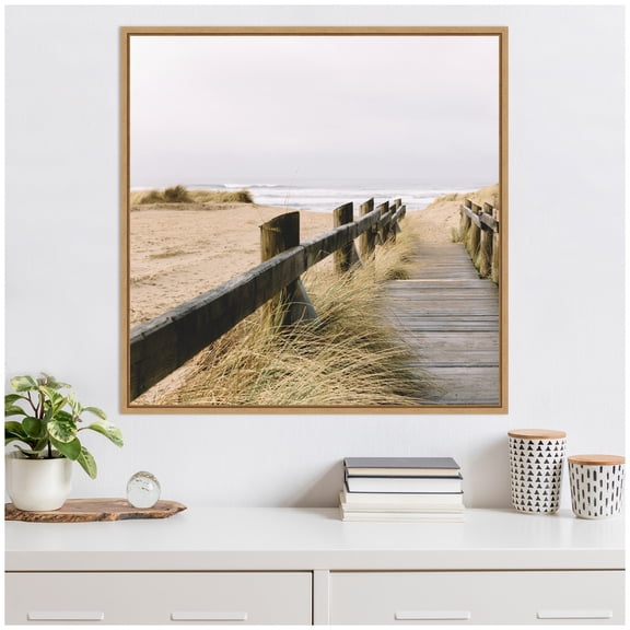 Kate and Laurel Coastal Beach Grass Boardwalk to the Ocean Framed Canvas Wall Art by Patricia Rae 30 x 30 Sylvie Natural, Coastal, Beach, Landscapes, Nature Art for Wall Decor, Living Room Bedroom