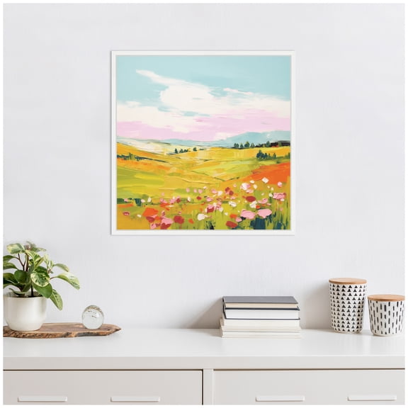 Kate and Laurel Colorful Meadow Landscape Framed Canvas Wall Art by The Creative Bunch Studio 22 x 22 Sylvie White, Whimsical, Landscapes, Nature, Flowers Art for Wall Decor, Living Room, Bedroom