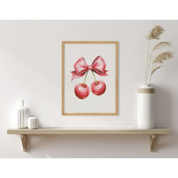 Kate and Laurel Coquette Preppy Retro Girly Red Pink Bow Cherries Framed Wall Art by The Creative Bunch Studio, 12x16 Natural, Cute Hair Bow Art for Wall