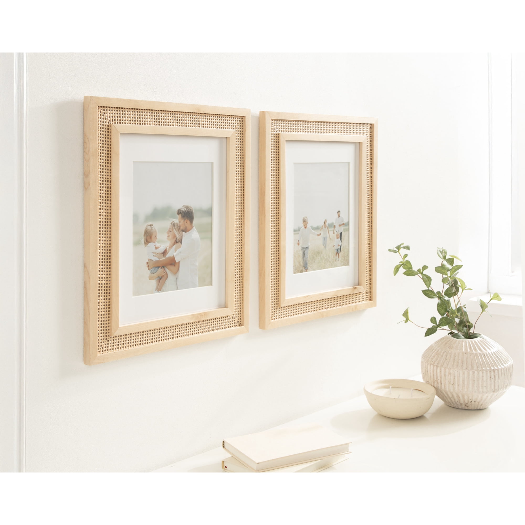 Kate and Laurel Corah Modern Faux Rattan Picture Frame Set of 2, 11 x 14 matted to 8 x 10, Natural, Boho Two-Piece Glass Photo Frame Set for Gallery Wall Design in Living Room Wall Decor