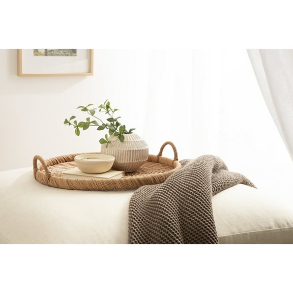 Kate and Laurel Cormont Modern Round Woven Rattan Tray with Handles, 23 Inch Diameter, Natural Rattan, Decorative Circle Boho Tray for Use as Versatile Ottoman Tray or Serving Platter