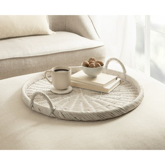 Kate and Laurel Cormont Modern Round Woven Rattan Tray with Handles, 23 Inch Diameter, Whitewash Rattan, Decorative Circle Boho Tray for Use as Versatile Ottoman Tray or Serving Platter
