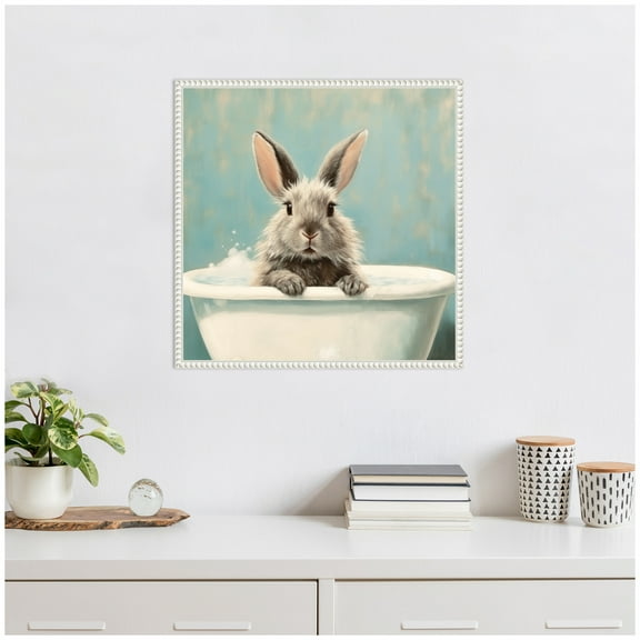 Kate and Laurel Country Bunny White Bathtub Framed Canvas Wall Art by The Creative Bunch Studio 22 x 22 Sylvie Beaded White, Whimsical, Animals, Bathroom Art for Wall Decor, Living Room, Bedroom