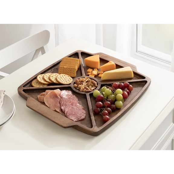 Kate and Laurel Criscroft Modern Square Mango Wood Food-Safe Serving Tray with Handles, 17 x 15, Walnut Brown, Mid-Century Divided Charcuterie Board for Use as Hosting Serveware Kitchen Counter Decor