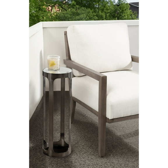 Kate and Laurel Dahl Modern Round Glass Top Outdoor Drink Table, 8 x 8 x 23, Clear Glass and Gray Gunmetal, Circle Pedestal Patio Mini Table for Living Room Plant Stand or Small Bedroom Nightstand