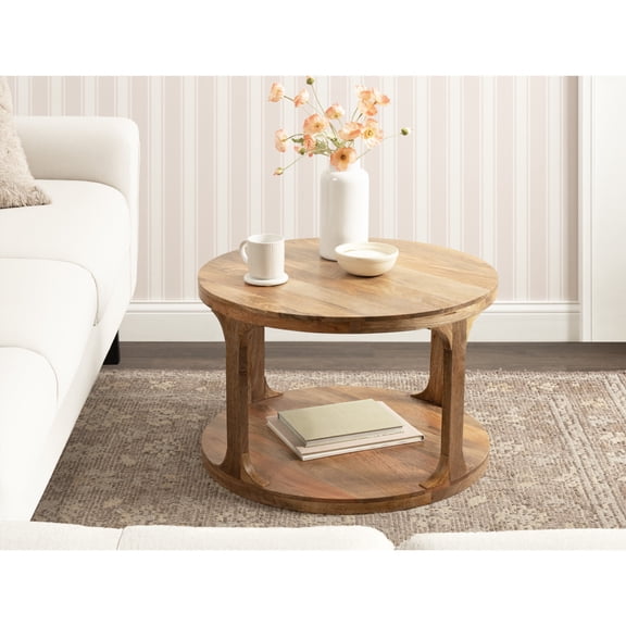 Kate and Laurel Dahl Transitional Mango Wood Round Coffee Table, 28 Inch Diameter, Natural Wood, Modern Circle Living Room Table with Solid Mango Wood Construction and Bonus Underlying Storage
