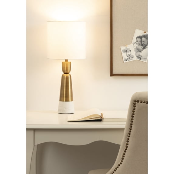 Kate and Laurel Deori Modern Metal and Marble Bedside Table Lamp, 8 x 8 x 20, Antique Brass and White Marble, Decorative Tapered Hourglass Tabletop Desk Lamp with Linen Shade for Living Room Decor