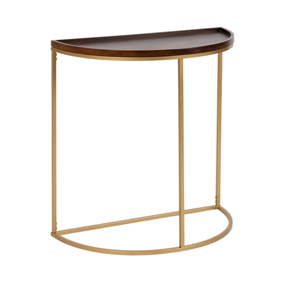 Kate and Laurel Dorrah Mid-Century Round Console Table, 28 x 14 x 30, Walnut Brown and Gold, Modern Half-Circle Entryway Table for Storage, Organization, and Display