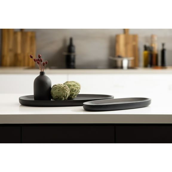 Kate and Laurel Ekata Decorative Oval Solid Wood Nesting Trays, Set of 2, Black, Food-Safe Charcuterie Board Trays for Kitchen Counter or for Use as Ottoman Tray Accents or Coffee Table Tray Decor