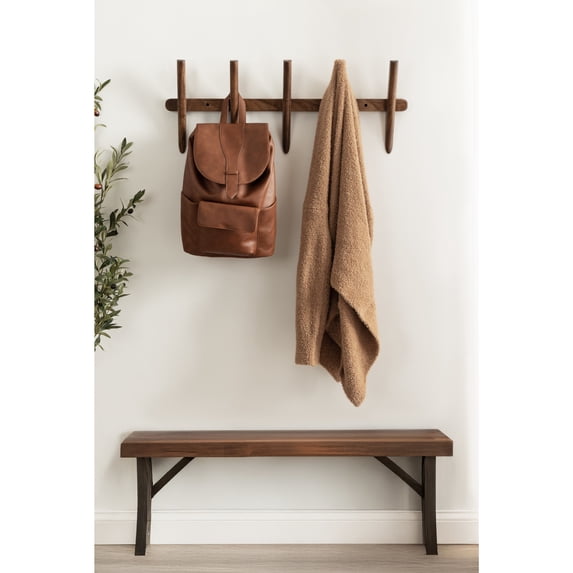 Kate and Laurel Eland Modern Five-Hook Wall Hanging Coat Rack, 30 x 4 x 12, Walnut Brown, Decorative Wood Coat Rack Wall Mount for Use as Entryway Storage or Mudroom Hooks