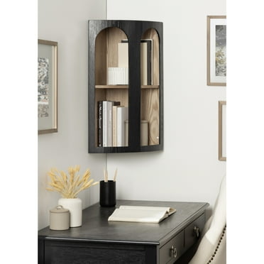 Kate and Laurel Elloree Modern Corner Shelf Cabinet for Storage and Display, 16 x 11 x 24, Black and Natural, Transitional Corner Storage for Use as Living Room Shelving or Bedroom Storage Design