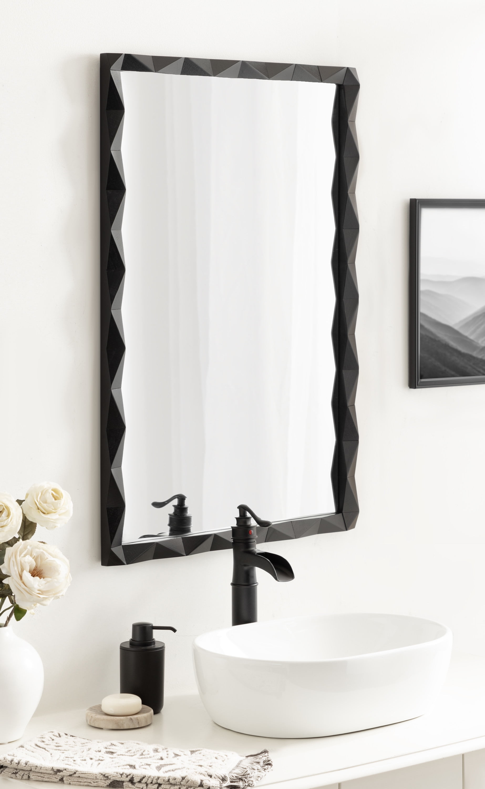 Endicott Black Geometric Faceted Wood Framed Vanity Mirror 24" x 36"