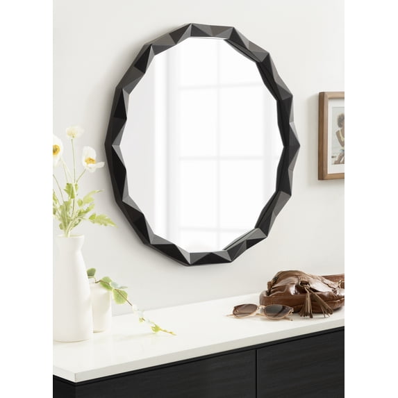 Kate and Laurel Endicott Modern Geometric Round Wall Mirror, 26 Inch Diameter, Black, Transitional Faceted Wood Circle Mirror for Use as Bathroom Mirror for Over Sink or Cute Nursery Mirror