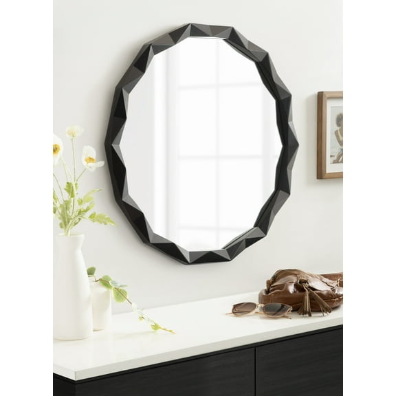 Kate and Laurel Endicott Modern Geometric Round Wall Mirror, 26 Inch Diameter, Black, Transitional Faceted Wood Circle Mirror for Use as Bathroom Mirror for Over Sink or Cute Nursery Mirror