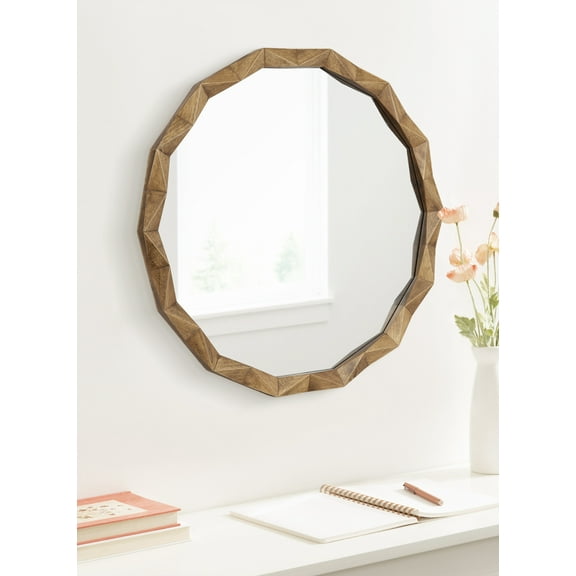 Kate and Laurel Endicott Modern Geometric Round Wall Mirror, 26 Inch Diameter, Natural Rustic, Transitional Faceted Wood Circle Mirror for Use as Bathroom Mirror for Over Sink or Cute Nursery Mirror