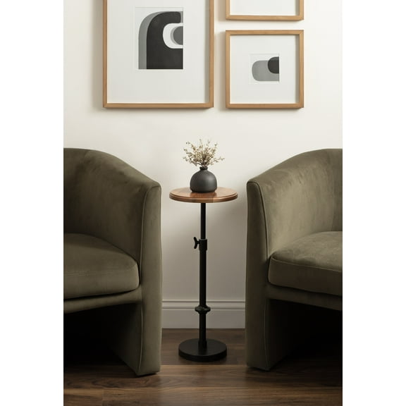 Kate and Laurel Engles Modern Adjustable-Height Pedestal Drink Table, 10 x 10 x 30, Natural Wood and Black, Transitional Round Indoor Metal Plant Stand with Solid Wood Tabletop