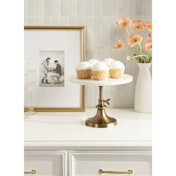 Kate and Laurel Engles Modern Adjustable-Height Round Marble Cake Stand, 10 Inch Diameter, White and Antique Brass, Marble Pedestal Tray for Use as Kitchen Counter Display or Entryway Catchall Tray