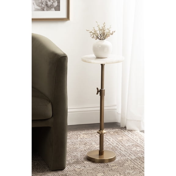 Kate and Laurel Engles Traditional Adjustable-Height Pedestal Drink Table, 10 x 10 x 30, Natural Quartz and Antique Brass, Vintage Round Indoor Metal Plant Stand with Authentic Stone Tabletop