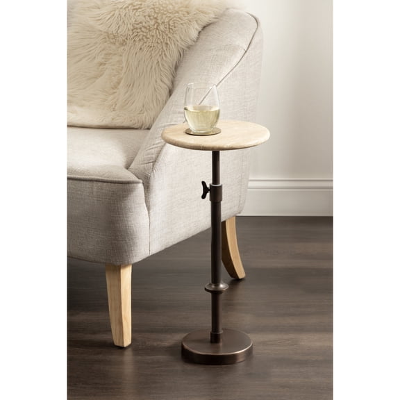 Kate and Laurel Engles Traditional Adjustable-Height Pedestal Drink Table, 10 x 10 x 30, Natural Travertine and Bronze, Round Metal Mini Table for Indoor Plant Stand with Authentic Stone Tabletop