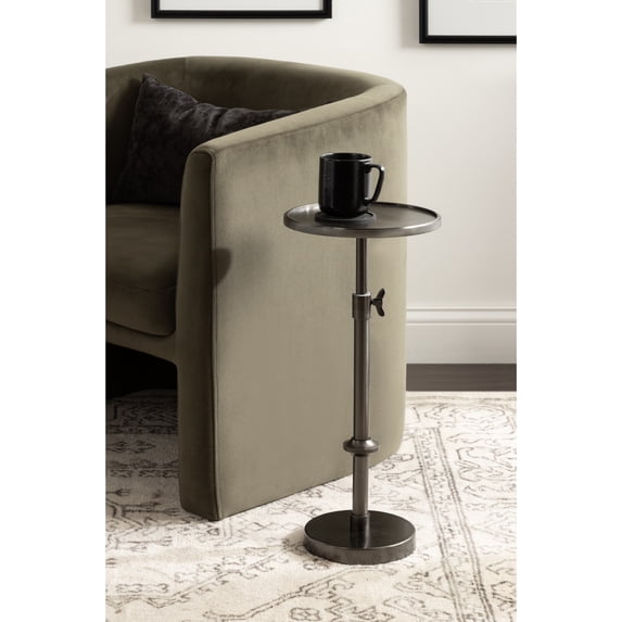 Kate and Laurel Engles Traditional Adjustable-Height Pedestal Drink Table, 10x10x30, Polished Gunmetal, Vintage Round Living Room Pedestal Table for Indoor Plant Stand with Protective Tabletop Lip