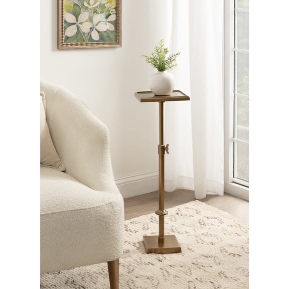 Kate and Laurel Engles Traditional Adjustable-Height Square Pedestal Drink Table, 9 x 9 x 30, Antique Brass, Vintage Indoor Metal Mini Table for Use as Indoor Plant Stand with Protective Tabletop Lip