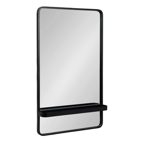 Kate and Laurel Estero Modern Metal Rectangle Mirror with Rounded Shelf, 20 x 34, Black, Decorative Contemporary Rounded Rectangle Shelf Mirror for Living Room or Bedroom Storage and Display
