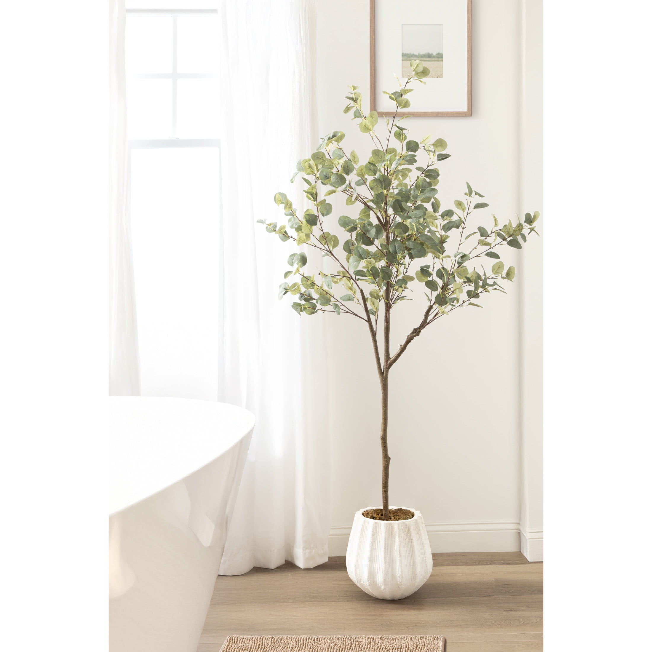 Kate and Laurel Eudora Faux Eucalyptus Tree with Claudel Scalloped Planter Pot, 6 FT, White, Potted Artificial Tree Indoor with Realistic Foliage and Added Moss, Fake Plant for Living Room Decor