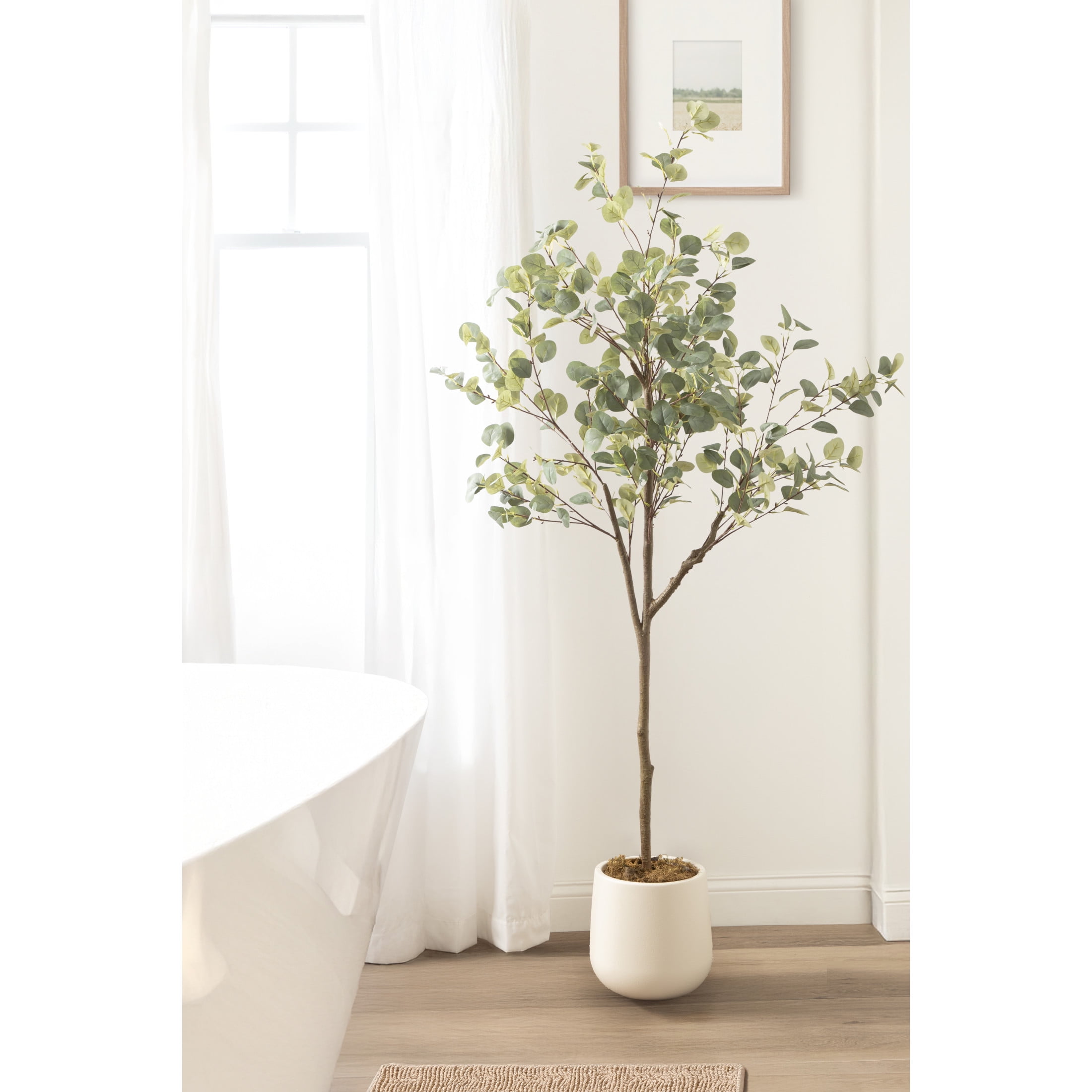 Kate and Laurel Eudora Faux Eucalyptus Tree with Jia Curved Planter Pot, 6 FT, Cream, Potted Artificial Tree Indoor with Realistic Foliage and Added Moss, Fake Plant for Living Room Decor