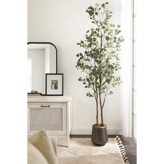 Kate and Laurel Eudora Faux Eucalyptus Tree with Portell Metal Planter Pot, 8 FT, Gunmetal, Potted Artificial Tree Indoor with Realistic Foliage and Added Moss, Fake Plant for Living Room Decor