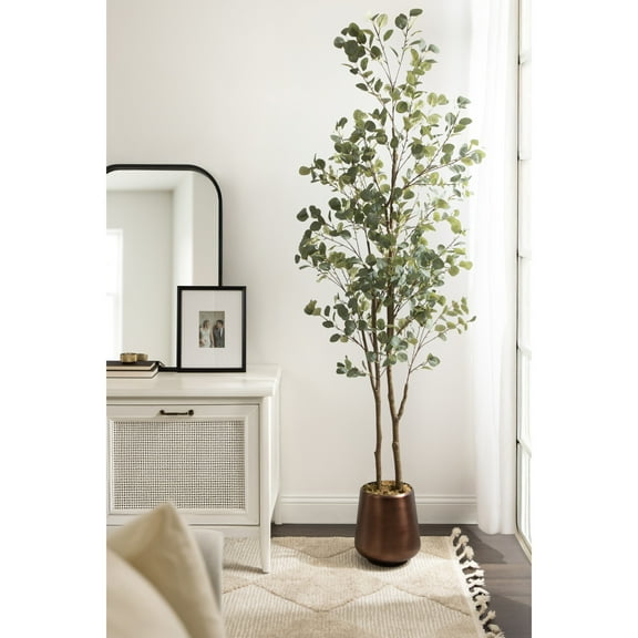 Kate and Laurel Eudora Modern Faux Eucalyptus Tree, 8 FT, Potted Artificial Tree Indoor with Realistic Foliage and Additional Decorative Moss, Fake Plant for Living Room Decor