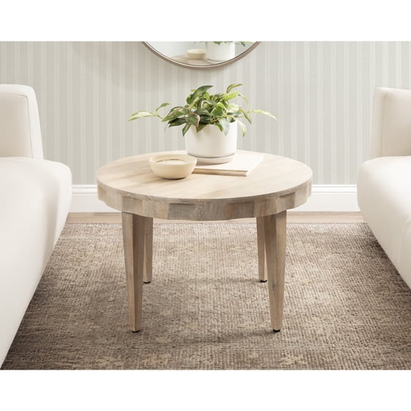 Kate and Laurel Fairhaven Modern Wavy Round Wood Coffee Table, 28 x 28 x 18, Natural Wood, Decorative Circular Living Room Table with Scalloped Apron for Coastal Home Decor Addition